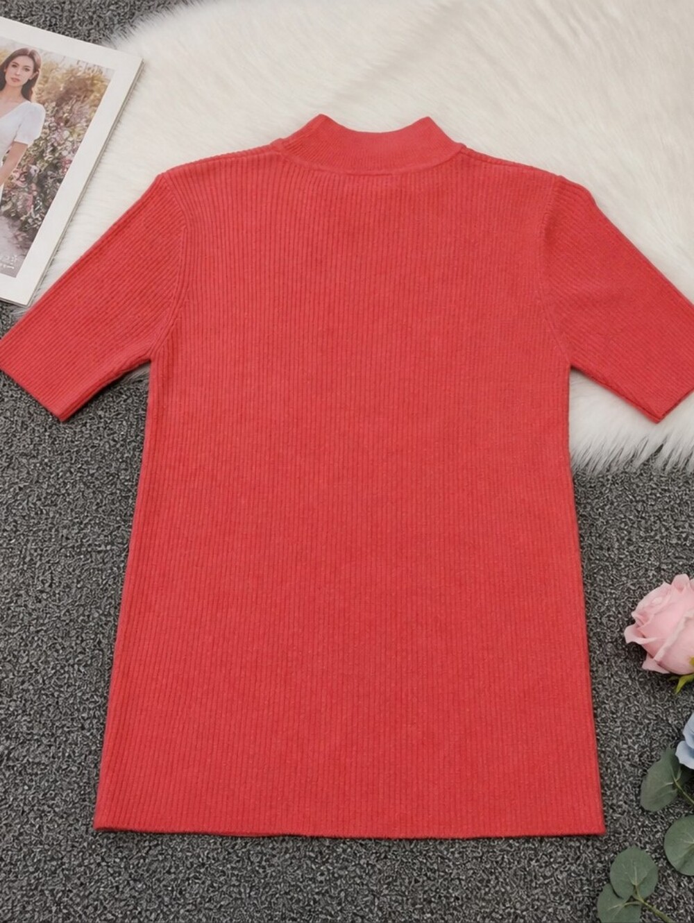 Croft and Barrow Vintage Coral Ribbed Mock Neck Short Sleeve Knit Top